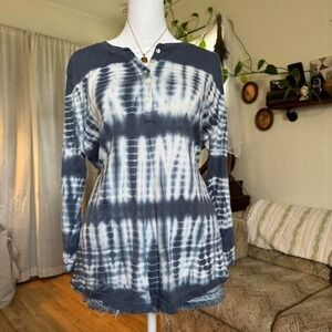 Chaps Womens Blue White Tie Dye Long Sleeve Henley Top Large Boho Shibori